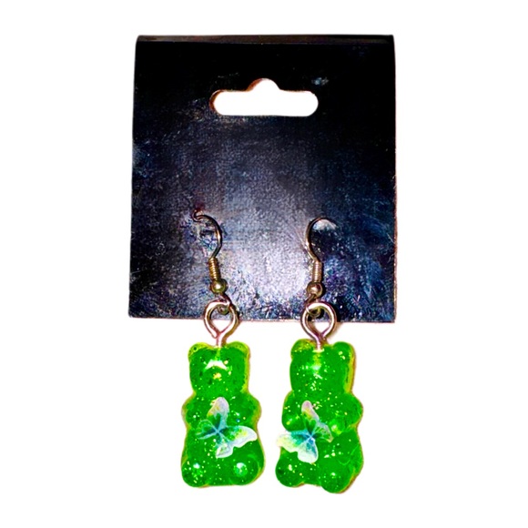 Green Glam Gummy Bear Butterfly Resin Earrings - Picture 3 of 9